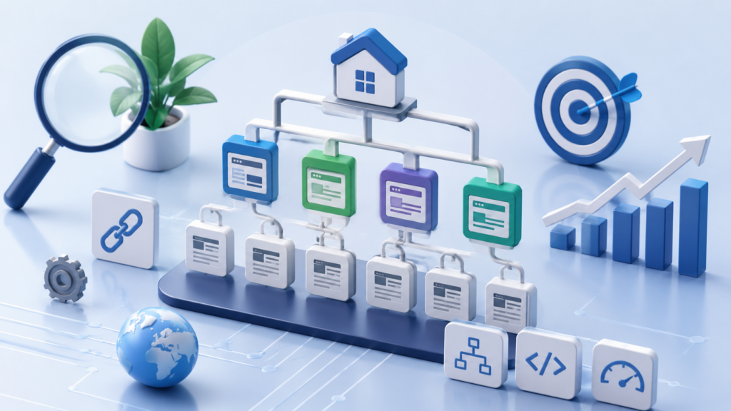 Dynamic Website Structure & UI/UX Silo Architecture Website Silo Architecture illustration showing website hierarchy, internal linking structure, technical SEO elements, schema markup, navigation optimization, and SEO silo structure for improved rankings.