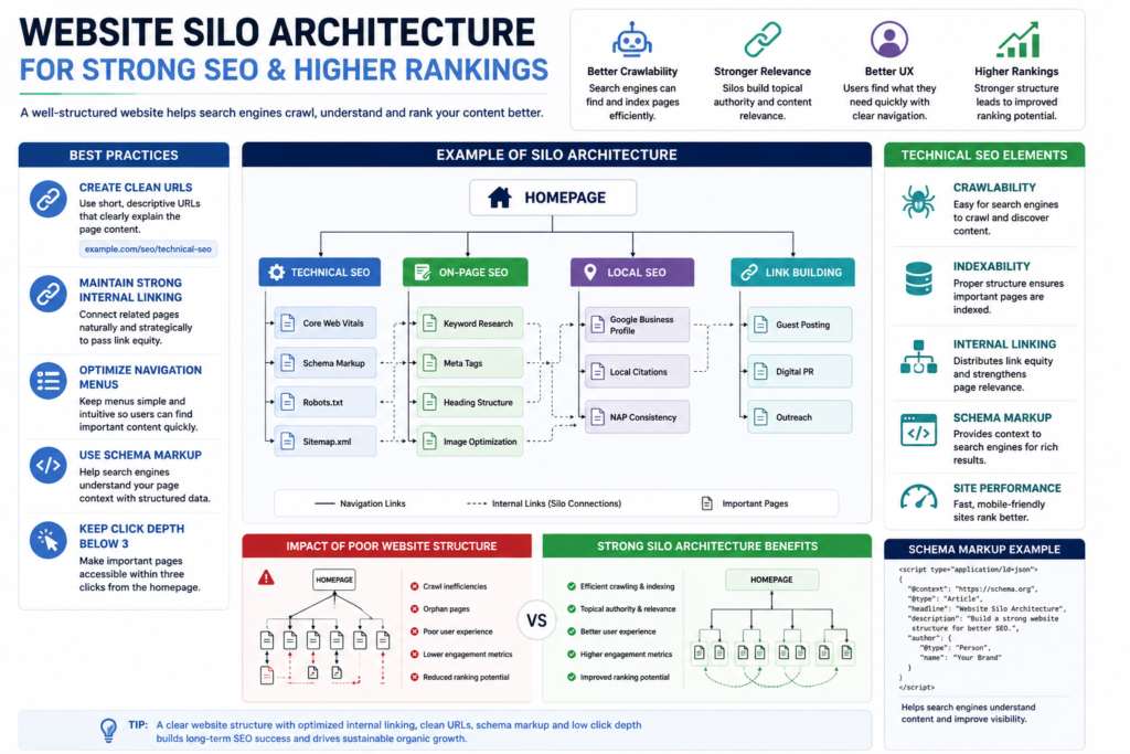Dynamic Website Structure & UI/UX Silo Architecture Website Silo Architecture diagram showing Technical SEO, On-Page SEO, Local SEO, Link Building, internal linking strategy, clean URL structure, schema markup, and click depth optimization for improved search rankings.