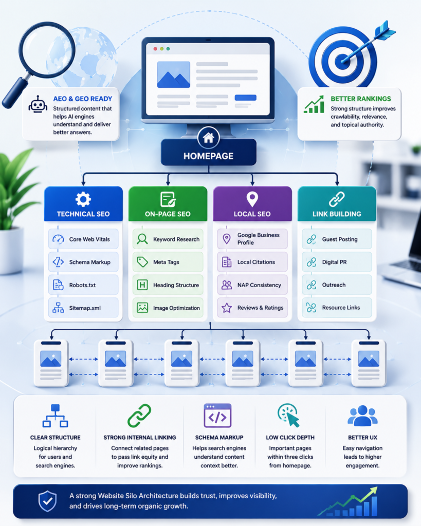 Website Silo Architecture infographic showing Technical SEO, On-Page SEO, Local SEO, Link Building, internal linking strategy, schema markup, click depth optimization, and website hierarchy for improved search rankings.