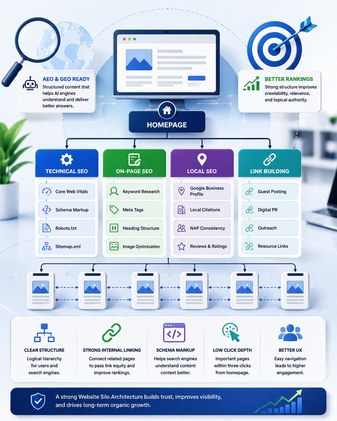 Website Silo Architecture infographic showing Technical SEO, On-Page SEO, Local SEO, Link Building, internal linking strategy, schema markup, click depth optimization, and website hierarchy for improved search rankings.