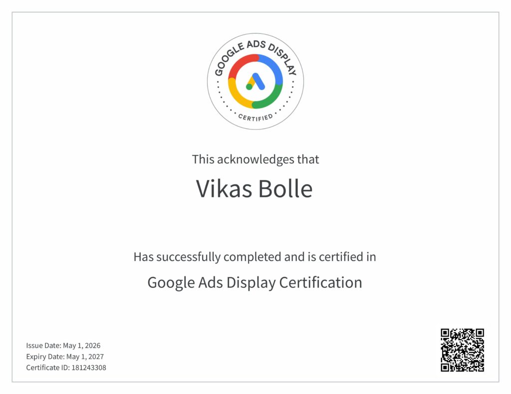 Google Ads Display Certification showcasing Vikas Bolle's expertise in Display Advertising, audience targeting, and remarketing campaigns.